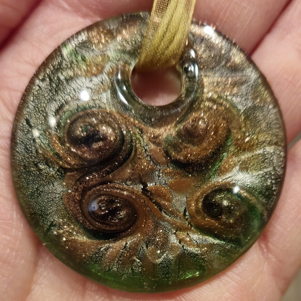 Unique Glass Pendant on String & Ribbon Necklace - Green, Copper Sparkle Swirl